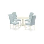 East West Furniture DLCE5-WHI-15 Round Dinette Set 5 Pc - Baby Blue Linen Fabric Button-tufted Padded Parson Chairs - White Finish Hardwood drop leaves Pedestal Dinner Table and Structure