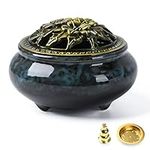 plainele Ceramic Incense Burner with Incense Stick Holder Use for Stick/Cone/Coil Incense,Handmade Smudge Bowl for Resin Sage Cones and Mosquito Incense (Dark Blue)