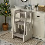 GYMAX Step Stool for Kids, Kitchen Helper Stand with Double Safety Rails, Adjustable Heights and Anti-Slip Foot Pads, Toddler Tower Lightweight Stepladder (Gray)