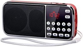 PRUNUS J-189 Pocket Radio AM FM, Portable Radio Small Bluetooth Radio with Dual Speakers Heavy Bass, LED Flashlight, Pocket Size, TF Card USB AUX MP3 Player, Rechargeable Battery Operated Radio(Red)