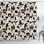 Ambesonne Vintage Halloween Shower Curtain, Halloween Cartoon Jack o' Lantern Tombstone Skulls and Bones, Cloth Fabric Bathroom Decor Set with Hooks, 69" W x 70" L, Pale Grey