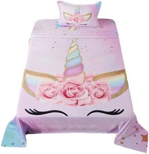 ADASMILE A & S Unicorn Sheets Twin Size for Girls Unicorn Fitted Bed Sheet Set 3 Pieces Pink Flower Unicorn Bed Sheet for Kids Unicorn Bedding Set 1 Fitted Sheet 1 Flat Sheet 1 Pillowcase Home Decor