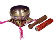 Tibetan Singing Bowl Set By Dharma Store - With Traditional Design Tibetan Buddhist Prayer Flag - Handmade in Nepal (Purple)