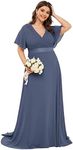 Ever-Pretty Women's Plus Size Chiffon Pleated V Neck Winter Maxi Formal Dress for Women Stormy US18