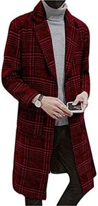 UANEO Mens Trench Coat Single Breasted Plaid Mid Long Peacoat Pea Coats (Wine Red, XXL)
