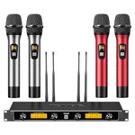 TONOR Wireless Microphone System, Quad Channel UHF Wireless Mic, Adjustable Frequency Metal Cordless Dynamic Handheld Mic, 4x5 Channels Auto Scan Ideal for Karaoke Singing Wedding Church, Silver&Red