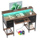 BEXEVUE Modern Desk with Power Outlets LED - 120x50cm Computer Table Gaming Desk, Keyboard Tray, 4 Reversible Drawers, Large Storage Bookshelf Workstation for Study Play Work Bedroom Home Office