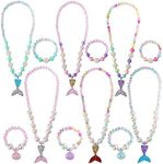 PinkSheep Mermaid Beaded Necklace Bracelets for Kids, Little Girl Mermaid Pearl Jewelry Sets, 6 Pack 12pc, Favors Bags for Party (Mermaid)