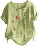 Women Plus Size Cotton Linen Tshirt Tops Vintage Flower Loose Fit Tunic Lady Summer Crewneck Dressy Casual Blouses, Green #3, X-Large