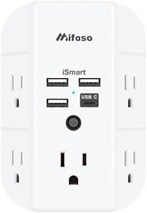 USB Wall Charger, Surge Protector with 5 Outlet Extender and 3 USB Ports 1 USB C Outlet 3-Sided 1800J Power Strip Multi Plug Outlets Wall Adapter Spaced for Home Travel Office Dorm
