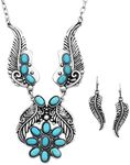 Rosemarie & Jubalee Women’s Chic Burnished Silver Tone Western Feather With Natural Semi Precious Howlite Stone Flower Necklace Earrings Set, 18"+3" Extender, Metal howlite, dyed-howlite