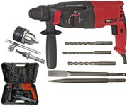 Inditrust RED 1250W 6 MONTHS WARRANTY 26mm 2-26 RE Reversible Rotary Hammer Drill machine with 3 Modes 3 Hammers Bits 2 Chisels and 13mm Drill chuck Key and Adapter set 100% Copper Winding