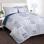 Lush Decor 3 Piece Reversible Print Pattern Blue Quilt Set, Cotton, king