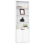 Panana 6 Tier Bookcase with 2 Doors, Wooden Cube Shelves Soild Wood Tall Bookshelf Storage Cupboard Organizer Display Free Standing Unit (White)