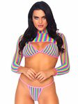 Leg Avenue Women's 3 Pc Fishnet Bikini Top, G-String Panty, Long Sleeve Crop Top Set, Multi, One Size