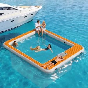 SPECRAFT 12×10FT Inflatable Sea Pool, Floating Swimming Pool Platform with Safety Net, Modular Swim Air Dock with Electric Air Pump for Ocean Party, Durable EVA Non-Slip Surface