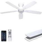 Ohniyou 52'' Ceiling Fan without Lights - Low Profile Flush Mount Ceiling Fan No Lights, Remote & APP Control, Modern Outdoor Fans for Bedroom Living Room, Quiet DC Motor, White