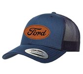 Ford Oval Script Logo Laser Engraved Leather Patch Yupoong 6606 Snapback Trucker Fitted Cap, Navy, One Size