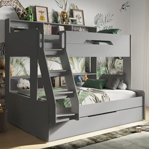 Flair Furnishings Triple Bunk Beds for Kids, Trundle Bed, Heavy Duty and Sturdy, Cosy, Stylish, Space-Saving Design (Grey)