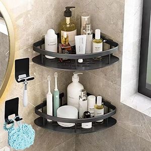 CJWLKJ 2-Pack Corner Shower Caddy, Shower Organizer with 4 Hooks, Adhesive Rust Proof Shower Shelf, Storage Shelf Shower Rack for Toilet, Bathroom and Kitchen No Drilling (Black)