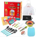 Baketivity Kids Cooking Set Real Utensils With Kitchen Tool Guide - Complete Junior Cooking Set Gift For Girls Or Boys With Mixing Bowls, Cutting Board, Knife, Apron - Kids Baking Set For Real Cooking