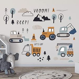 Mulaibdin 37 Pièces Stickers Muraux Enfants, Decoration Chambre Bebe Garcon, Autocollant Mural Enfant, Déco Chambre Stickers Voiture,tracteur,Cars,Grue,Bulldozer, Excavatrice,Camion(Tapez C)
