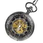 Mudder Mens Black Stainless Steel Case Black Dial Antique Mechanical Pocket Watch with Chain