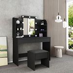 Luxsuite Makeup Table Set Vanity Dressing Table & Stool with Lights Mirror and Drawers Black