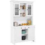 HOMCOM Freestanding Rustic Buffet with Hutch, 4 Door Farmhouse Kitchen Pantry Cabinet, Microwave Stand with Beadboard Panel, Drawer and Adjustable Shelves, White