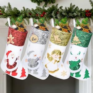 Personalized Stockings Christmas - 18.5 Inches Large Christmas Stockings with Diy Hanging Wooden Names Tags Decorations - White Christmas Stockings 4 Pack for Mantels Xmas Tree Family Holiday Decor