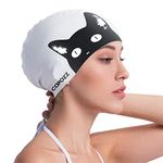 COPOZZ Swimming Cap for Men Women Adult Junior, Unisex Waterproof Silicone Swimming Hat for Short/Long Hair (Black Cat)