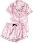 Verdusa Women's 2 Piece Pajama Set Matching Pjs Sets Cute Printed Sleepwear Button Up Shirt with Lounge Shorts Set Leopard Pink Large