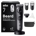 Braun Beard Trimmer Series 7, +7 Barbering Tools, Mens Beard Trimmer with Lifetime Sharp ProBlade, Up to 120 Min Runtime, 40 Lengths, Waterproof, PrecisionWheel & Lock, BT7525, Grey