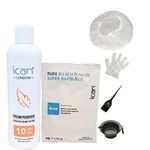 Full hair bleaching kit cream peroxide 10 vol 250ml + blue powder bleach 80g + bowl + brush + gloves + cap