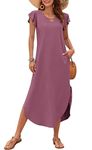 MISFAY Women 2024 Summer Casual Ruffle Sleeve Dress Beach Cover Up Long Maxi Dresses with Pocket,Mauve,S