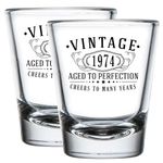 Vintage 1974 Printed 2pk 1.75oz Shot Glasses - 50th Birthday Gifts for Women Men - Cheers to 50 Years Old - 50th Decorations for her him - Best Engraved Whiskey Bourbon Gift Ideas - Mom Dad 2.0