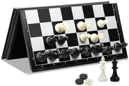 Portable Chess Set for Kids and Adult, Joneytech 2 in 1 Magnetic Mini Travel Checkers Chess Board with Extra Queen 9.8 Inch for Perfect Travel Puzzle Chess Game (9.8 Inch)