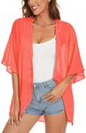 ADOREJOY Women's Tops Summer Kimono Cardigan Floral Print Puff Sleeve Swimsuit Cover Up Casual Loose Fit Blouse (Orange Pink,L)