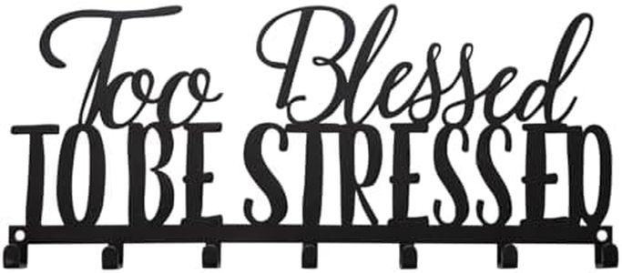 African American Expressions – Too Blessed to Be Stressed Metal Home Wall Organizers for Keys, Masks, Kitchen Accessories (12" W x 5.25" H x 0.75" D) KH-04