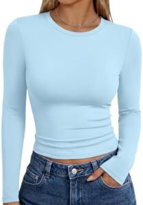 Trendy Queen Womens Long Sleeve Shirts Basic Crop Tops Tight Slim Fit Cute Teen Girls Fall Winter Y2k Clothes Baby Blue L