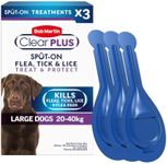 Bob Martin Clear Plus Spot On Flea Treatment for Large Dogs (20-40kg) - Kills Fleas, Ticks, Lice and Flea Eggs (3 Pipettes)