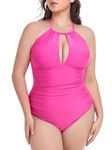 Ocean Blues Women's Hot Pink Ruched Tummy Control One Piece Bathing Suit Retro Vneck One Piece Swimsuit Size Medium