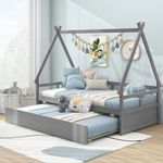 DORTALA Twin House Bed with Trundle, Wooden Kids Platform Bed Frame with Roof, Safety Guardrail, Montessori Bed Tent Bed for for Playroom, Teens, No Box Spring Needed (Grey)
