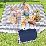 Anyiner Picnic Blanket Waterproof, Extra Large Beach Blanket Camping Blanket, Sandproof Machine Washable With Carrying Handle for Outdoor Camping Beach Family Picnic, 200x200cm Blue Plaid