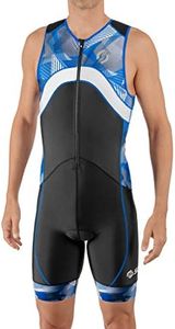 SLS3 Triathlon Suits Mens - Premium FX Tri Suit Men Triathlon - Sleeveless Trisuit Triathlon Men - Quick Drying Mens Triathlon Suit - Men’s Tri Kit, Padded Skinsuit, Pocket (Black/Blue Geo, Medium)