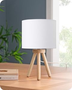 EDISHINE Lámpara de mesilla de noche de madera con trípode, pantalla de lino, bombilla LED E27 incluida, 2700K blanco cálido, lámpara de mesa moderna para dormitorio, salón, oficina, hotel, blanco