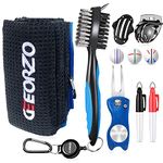 Geeorzo Golf Accessories, Retractable Golf Club Brush, Foldable Golf Divot Repair Tool, Microfiber Golf Towel, Golf Ball Line Marker Tool and Ball Markers (Set1-Blue)