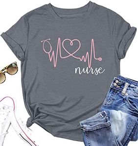 SFHFY Nurse Shirts for Women Heartbeat Shirt Nurse Letter Print Tshirt Nursing Life School Gift Cute Short Sleeve Tops Gray