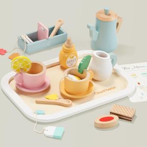 Giant bean Tea Set for Little Girls, Blue Wooden Kids Tea Party Set for Toddlers 3-5 Year Old, Princess Pretend Play Kitchen Accessories