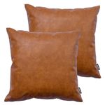 HOMFINER Faux Leather Throw Pillow Covers 16x16 inch, Set of 2 Thick Cognac Brown Modern Boho Farmhouse Decor Small Square Decorative Bedroom Living Room Cushion Cases for Couch Bed Sofa